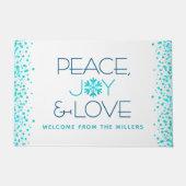 Peace Joy Liebe Holiday Türkis Snowflake Name Fußmatte (Vorderseite)