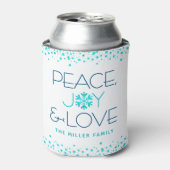 Peace Joy Liebe Holiday White Blue Snowflake Name Dosenkühler (Kanne Vorderseite)