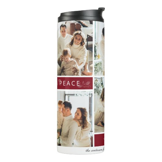 Peace Joy Liebe Maroon Foto Collage Script Holiday Thermosbecher (Nach links gedreht)