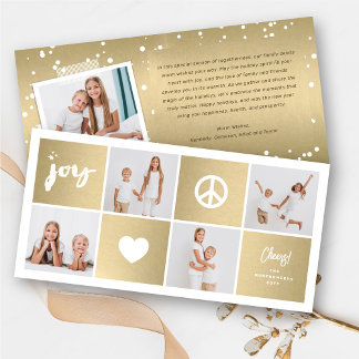 Peace Joy Liebe Shiny Gold Squares Stilvolle 4 Fot Feiertagskarte