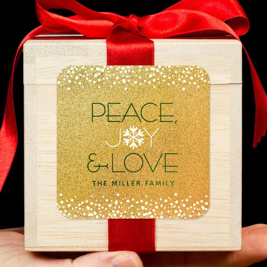 Peace Joy Liebe Snowflake Typografie Gold Holiday Quadratischer Aufkleber