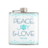 Peace Joy Liebe Türkis Holiday Snowflake Name Flachmann (Vorderseite)