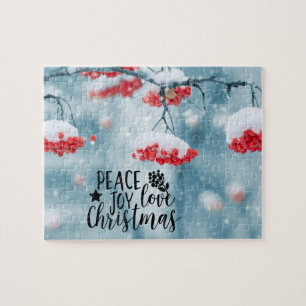 Peace Joy Liebe Weihnachten Red Berries & Snow Puzzle