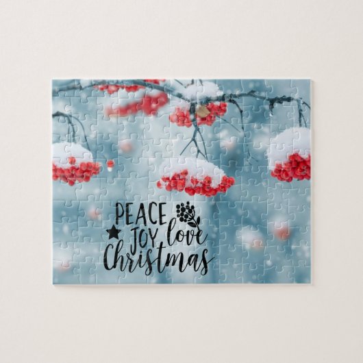 Peace Joy Liebe Weihnachten Red Berries & Snow Puzzle (Horizontal)