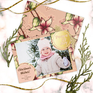 Peace & Joy, Pink, Gold Poinsettia Foto Folien Feiertagskarte
