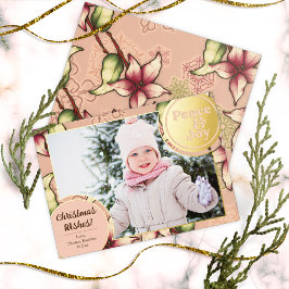 Peace & Joy, Pink, Gold Poinsettia Foto Folien Feiertagskarte