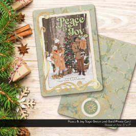 Peace & Joy Sage Green and Gold Foto Card Feiertagskarte