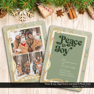 Peace & Joy Sage Green und Gold 3 Foto Card Feiertagskarte