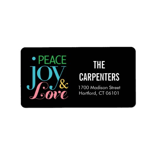 Peace Joy und Liebe Holiday Address Labels Adressaufkleber (Vorne)