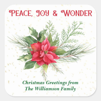 Peace Joy & Wonder Red Poinsettia Christmas Quadratischer Aufkleber