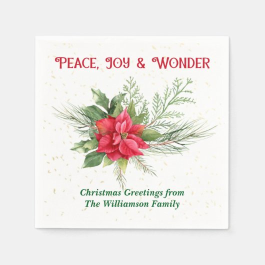 Peace Joy & Wonder Red Poinsettia Christmas Serviette (Vorderseite)