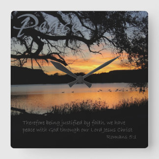 Peace Lake Sunset Romans 5:1 Wall Clock Quadratische Wanduhr