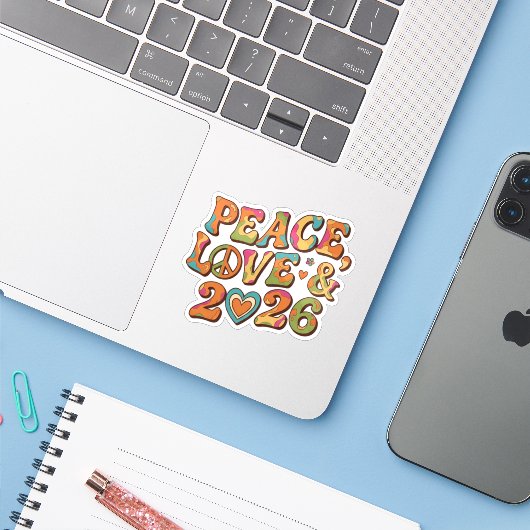 Peace Liebe 2026 Groovy Retro Aufkleber (Laptop mit iPhone)