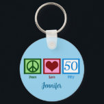 Peace Liebe 50. Geburtstag Niedliches Party Schlüsselanhänger<br><div class="desc">Niedlich 50 Jahre personalisierter Schlüsselanhänger Geschenk in blau für jemanden über dem Hügel.</div>