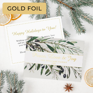 Peace Liebe and Joy Vintag Olive Branch Gold Folien Feiertagskarte