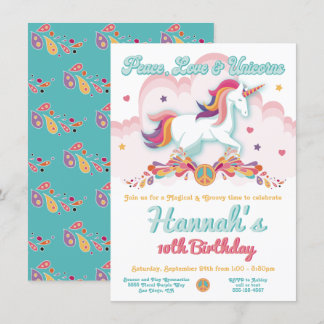 Peace Liebe and Unicorns Hippie BIrthday Party Einladung