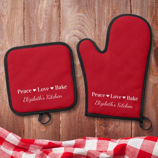 Peace Liebe Bake Personalisiert Red Ofenhandschuh & Topflappen-Set