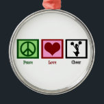 Peace Liebe Cheerleader Ornament Aus Metall<br><div class="desc">Ich Liebe zu jubeln. Ein Friedensschild,  ein Herz und ein mit Pompoms gesprenkener Cheerleader.</div>