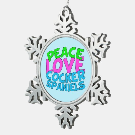 Peace Liebe Cocker Spaniels Schneeflocken Zinn-Ornament (Rechts)