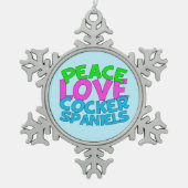 Peace Liebe Cocker Spaniels Schneeflocken Zinn-Ornament (Vorderseite)