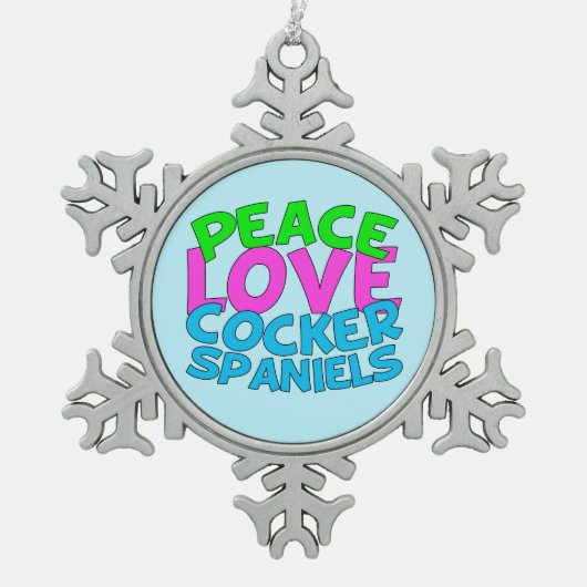 Peace Liebe Cocker Spaniels Schneeflocken Zinn-Ornament (Vorderseite)