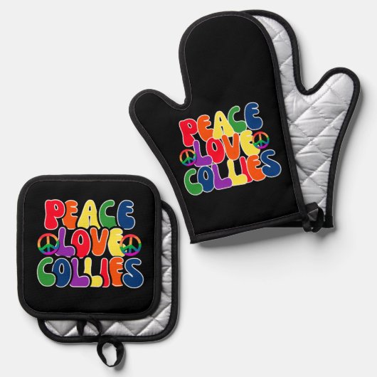 Peace Liebe Colliese Oven Mitts und Pot Holder Ofenhandschuh & Topflappen-Set (Vorderseite/Rückseite)