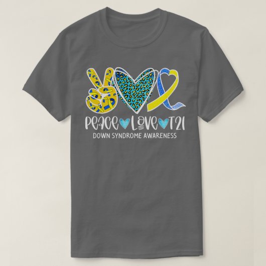 Peace Liebe Cure Blue & Yellow Ribbon Down Syndrom T-Shirt (Design vorne)