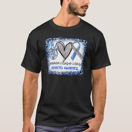 Peace Liebe Cure Diabetes Awareness Blue Gray Ribb T-Shirt (Vorderseite)