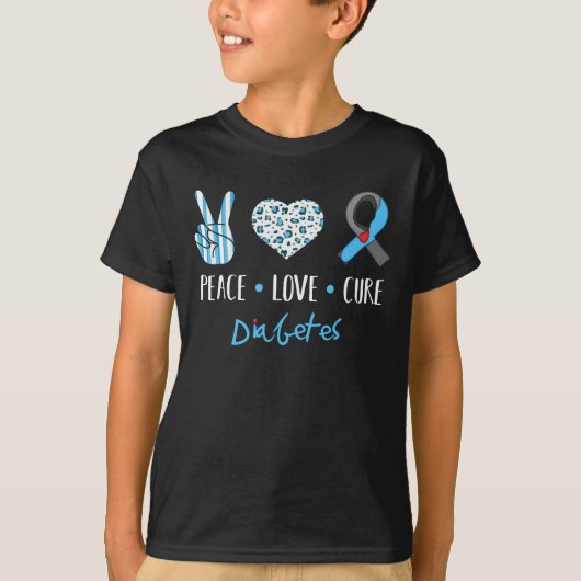 Peace Liebe Cure Grey Blue Ribbon Typ 1 Diabetes A T-Shirt (Vorderseite)
