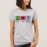 Peace Liebe Disk Golf T-Shirt<br><div class="desc">Ein niedliches Disc-Golfer-Weihnachtsgeschenk mit einem Friedensschild,  einem Herz und fliegenden Golfkörben,  die von einem Golfer verwendet werden. Cooler Golfplatz.</div>