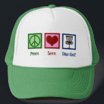 Peace Liebe Disk Golf Truckerkappe<br><div class="desc">Ein niedliches Disc-Golfer-Weihnachtsgeschenk mit einem Friedensschild,  einem Herz und fliegenden Golfkörben,  die von einem Golfer verwendet werden. Cooler Golfplatz.</div>
