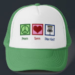 Peace Liebe Disk Golf Truckerkappe<br><div class="desc">Ein niedliches Disc-Golfer-Weihnachtsgeschenk mit einem Friedensschild,  einem Herz und fliegenden Golfkörben,  die von einem Golfer verwendet werden. Cooler Golfplatz.</div>