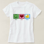 Peace Liebe Ducks Niedlich Duck Women's T-Shirt<br><div class="desc">Perfekter hübscher FrauenT - Shirt für eine Frau, die Enten oder Babygeschenke Lieben. Ein grünes Friedensschild, ein rötliches Herz und ein niedliches, gelbes Gummidipl.</div>