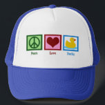Peace Liebe Ducks Truckerkappe<br><div class="desc">Perfektes hübsches Geschenk für jemanden,  der Enten oder Babygeschenke Lieben. Ein grünes Friedensschild,  ein rötliches Herz und ein niedliches,  gelbes Gummidipl.</div>