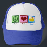 Peace Liebe Ducks Truckerkappe<br><div class="desc">Perfektes hübsches Geschenk für jemanden,  der Enten oder Babygeschenke Lieben. Ein grünes Friedensschild,  ein rötliches Herz und ein niedliches,  gelbes Gummidipl.</div>