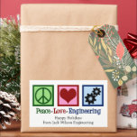 Peace Liebe Engineering Company Custom Christmas Rechteckiger Aufkleber<br><div class="desc">Ein cooler Ingenieur-Urlaubsaufkleber mit einem Friedenszeichen,  Herz und Zahnrad. Niedliche,  anpassbare Weihnachtsaufkleber für ein Maschinenbauunternehmen. Peace Liebe Engineering.</div>