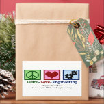 Peace Liebe Engineering Company Custom Christmas Rechteckiger Aufkleber<br><div class="desc">Ein cooler Ingenieur-Urlaubsaufkleber mit einem Friedenszeichen,  Herz und Zahnrad. Niedliche,  anpassbare Weihnachtsaufkleber für ein Maschinenbauunternehmen. Peace Liebe Engineering.</div>