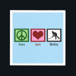 Peace Liebe Field Hockey Sports Geburtstagsparty Serviette<br><div class="desc">Diese coole Hockey-Party-Papiertafel verfügt über ein Friedenszeichen,  Herz und eine Silhouette eines Feldhockeyspielers in Aktion. Bestellen Sie dieses blaue Party für Ihren Sporttrainer oder Ihr Team!</div>