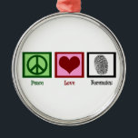 Peace Liebe Forensik Silbernes Ornament<br><div class="desc">Ein Friedenszeichen,  ein Herz und ein Fingerabdruck,  der als forensische Beweise dient. Gutes Geschenk für einen Kriminalwissenschaftler oder Detektiv.</div>