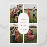 Peace Liebe Freude 4 Foto Moderne Minimalistische  Folien Feiertagskarte<br><div class="desc">Peace Liebe Joy: Eine moderne Weihnachtskarte mit zeitgenössischem Design und einer 4-Foto-Collage.</div>