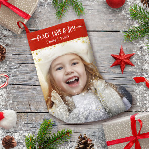 Peace Liebe Freude an Custom Foto Gold Stars Namen Kleiner Weihnachtsstrumpf