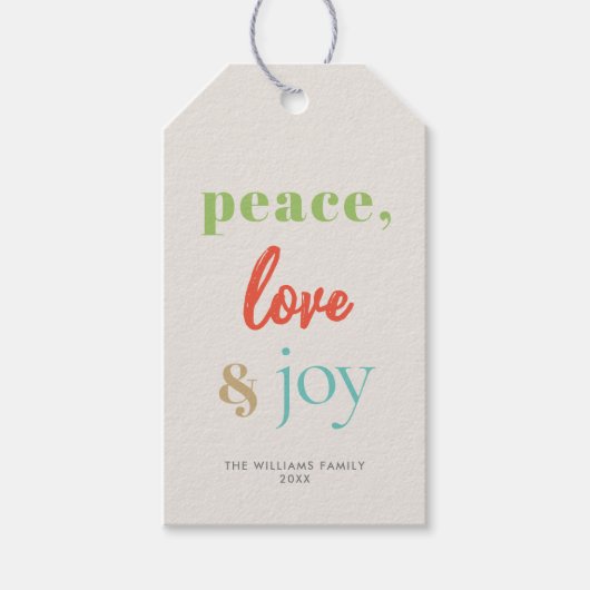 Peace Liebe Freude an einem modernen, farbenfrohen Geschenkanhänger (Vorderseite)