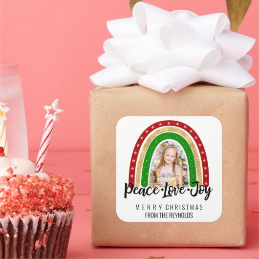 Peace Liebe Freude Frohe Weihnachts Rainbow Foto Quadratischer Aufkleber (Party)