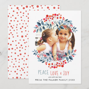 Peace Liebe Freude und Korallenbeeren Weihnachts-F Feiertagskarte