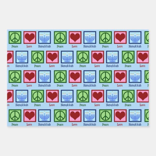 Peace Liebe Hanukkah Pattern Light Blue Chanukah Geschenkpapier Set (Vorderseite)