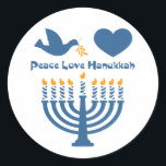 Peace Liebe Hanukkah Runder Aufkleber<br><div class="desc">Festival der Lichter Hanukkah Design,  dass PEACE LIEBE HANUKKAH mit einer Taube und Olivenzweig,  Herz und beleuchtete menorah sagt. PinkInkArt Original!</div>