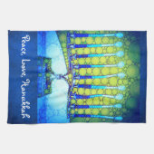 Peace Liebe Hanukkah Script Blue Green Menorah Geschirrtuch (Horizontal)