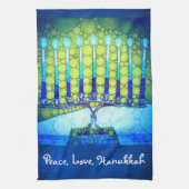 Peace Liebe Hanukkah Script Blue Green Menorah Geschirrtuch (Vertikal)