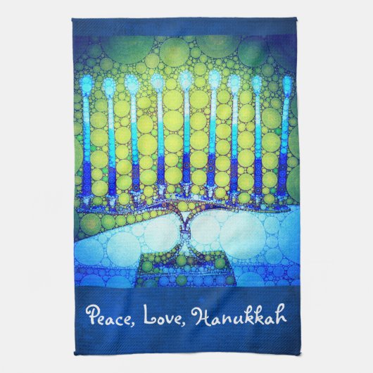 Peace Liebe Hanukkah Script Blue Green Menorah Geschirrtuch (Vertikal)