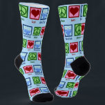 Peace Liebe Hanukkah Socken<br><div class="desc">Niedliche Peace Liebe Hanukkah Socken für ein Chanukah Party. Ein hübsches Friedenszeichen,  ein Herz und eine schöne Menorah auf jüdischen Urlaubssocken. Ein großartiges Geschenk.</div>